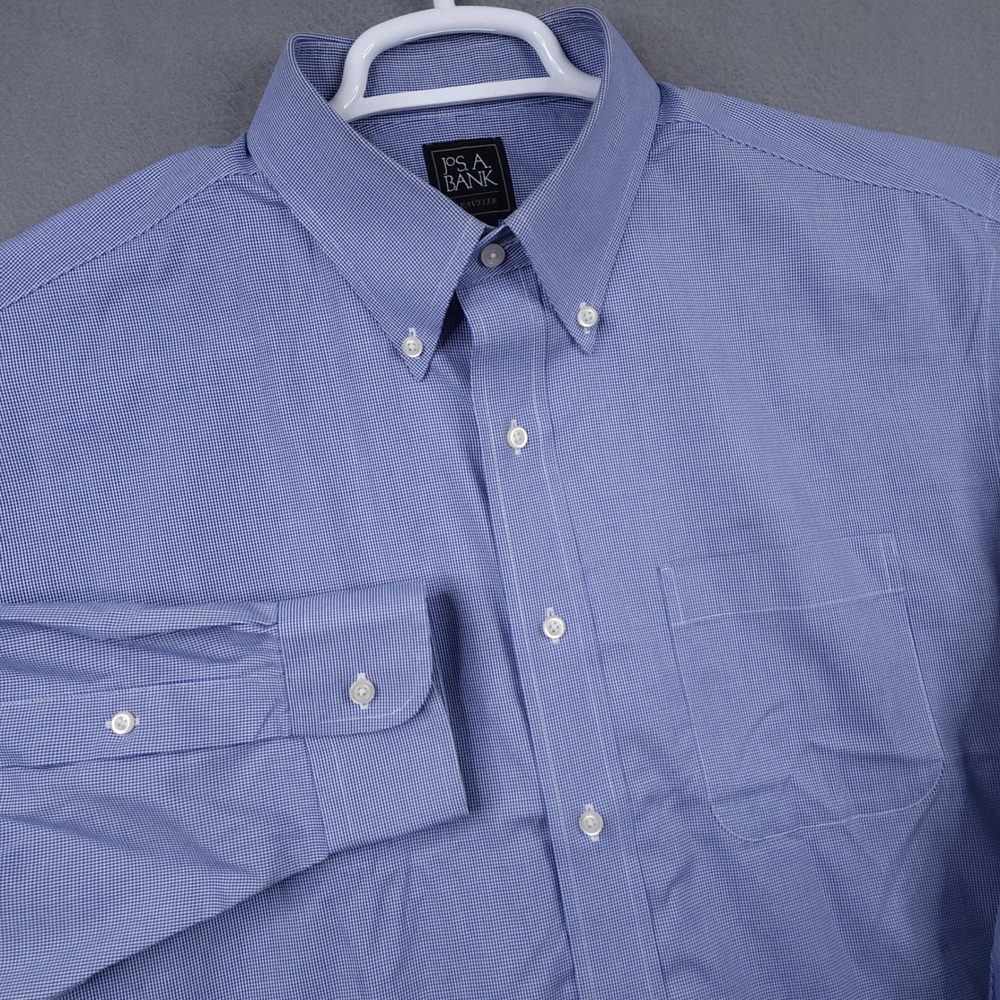 Jos A Bank Traveler Mens Blue White Micro Gingham Button Down Dress Shirt 17-33